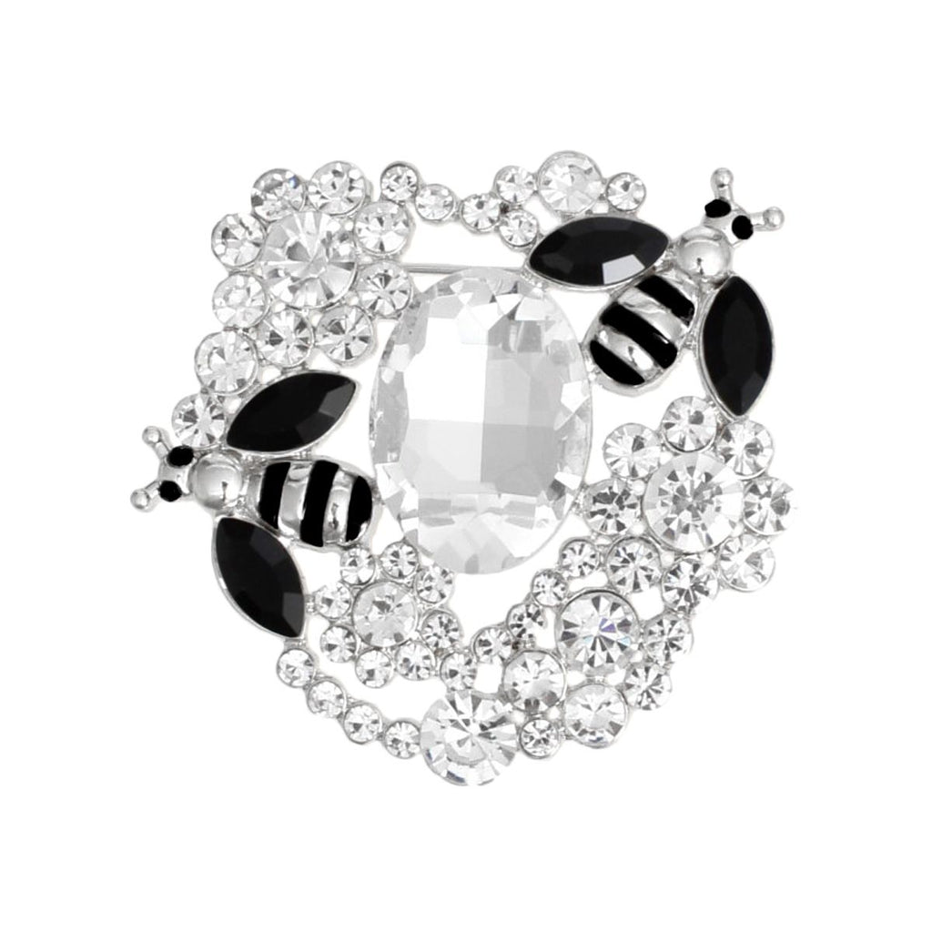 Brooch Silver Clear Glass Crystal Bee Flower Pin