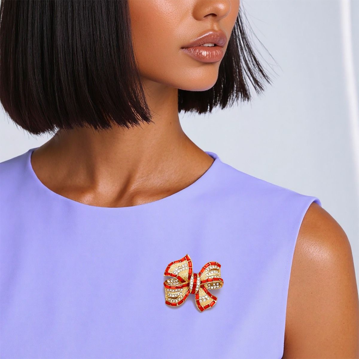 Brooch Graceful Red Gold Ribbon Bow Classic Pin