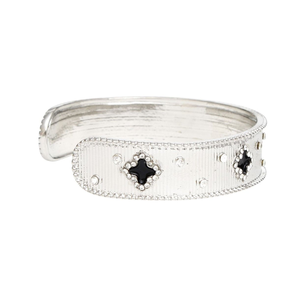 Cuff Silver Black Quatrefoil Rhinestone Bangle