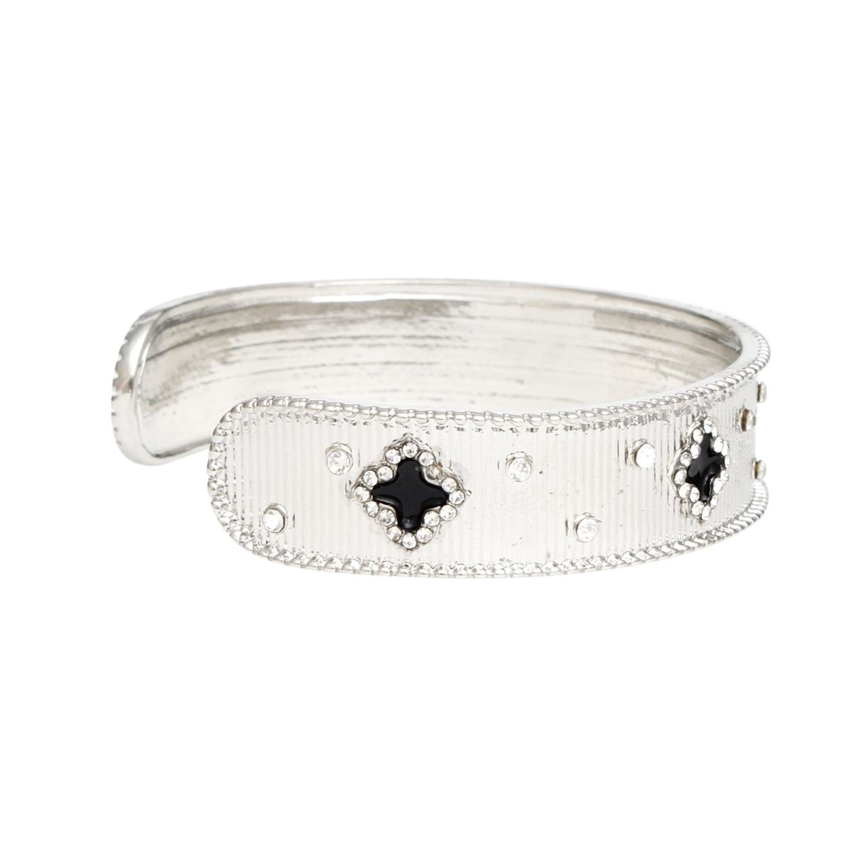 Cuff Silver Black Quatrefoil Rhinestone Bangle