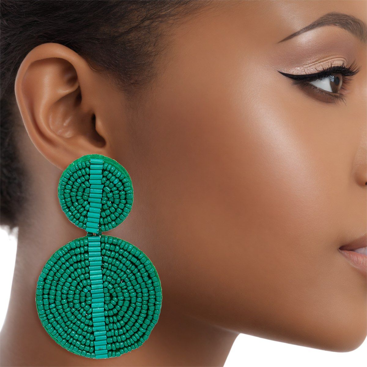 Drop Green Seed Bead and Felt Circle Earrings