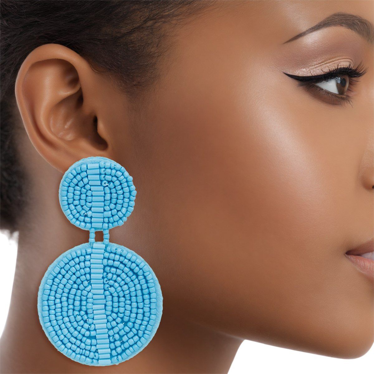 Drop Light Blue Seed Bead and Felt Circle Earrings