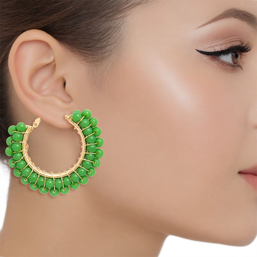Hoops Sage Green Bead Gold Wire Wrapped Earrings