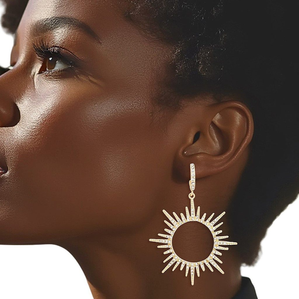 Drop Gold Open Hoop Sunburst Rhinestone Earrings