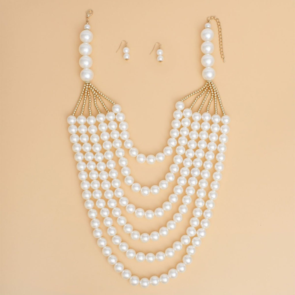Pearl Long Layer 6 Strand Cream Chunky Necklace