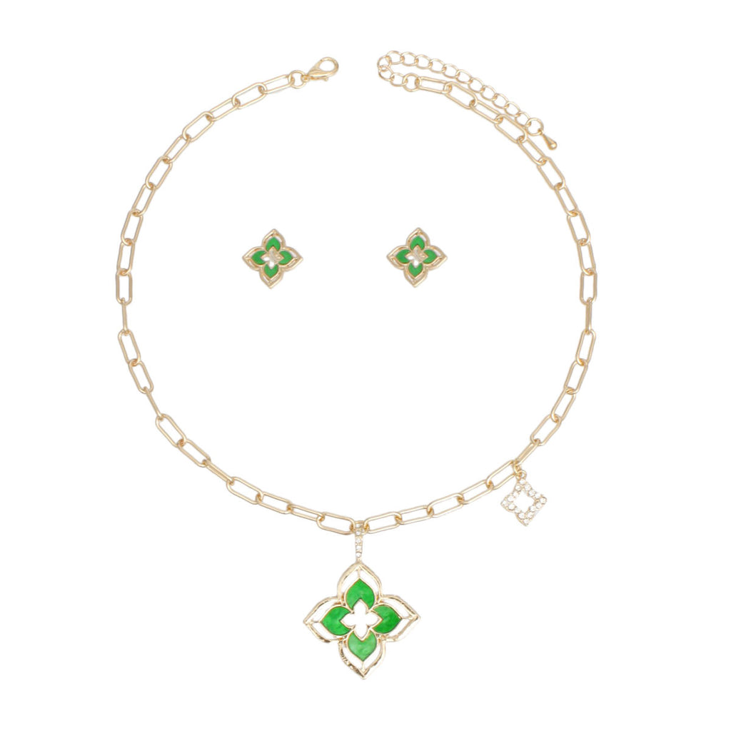 Pendant Gold Green Monogram Flower Necklace Set