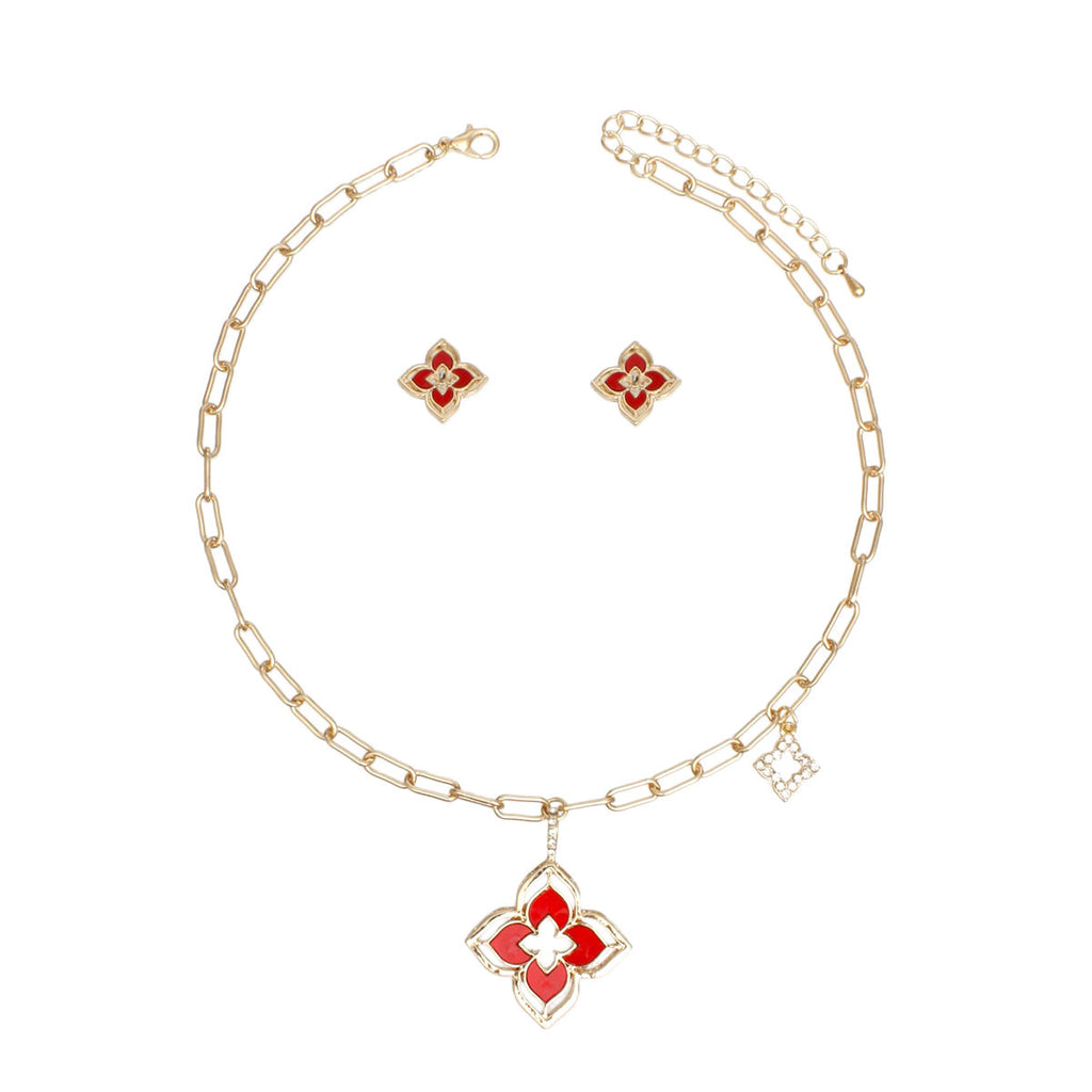 Pendant Gold Red Monogram Flower Necklace Set