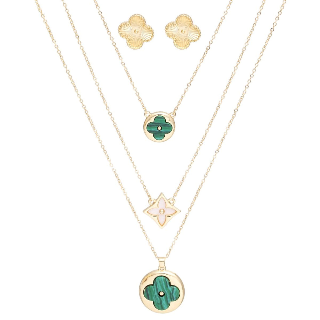 Pendant Gold Green Quatrefoil Layered Necklace