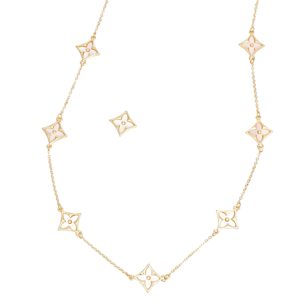 Long Necklace Gold Cream Monogram Flower Chain