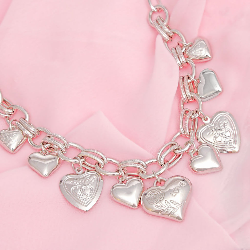 Charm Necklace Silver Puffy Heart Chain Set Women