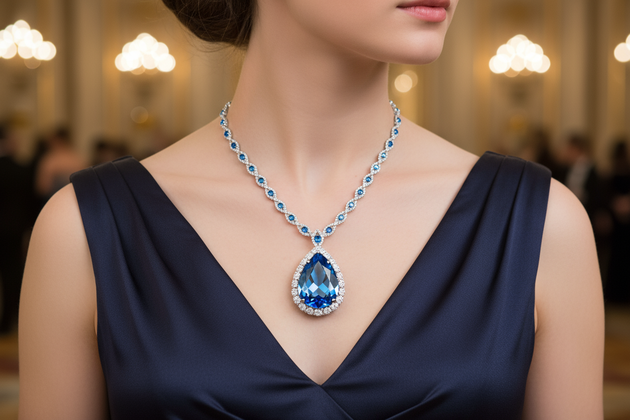 person with Formal Brilliant Blue Teardrop Crystal Necklace