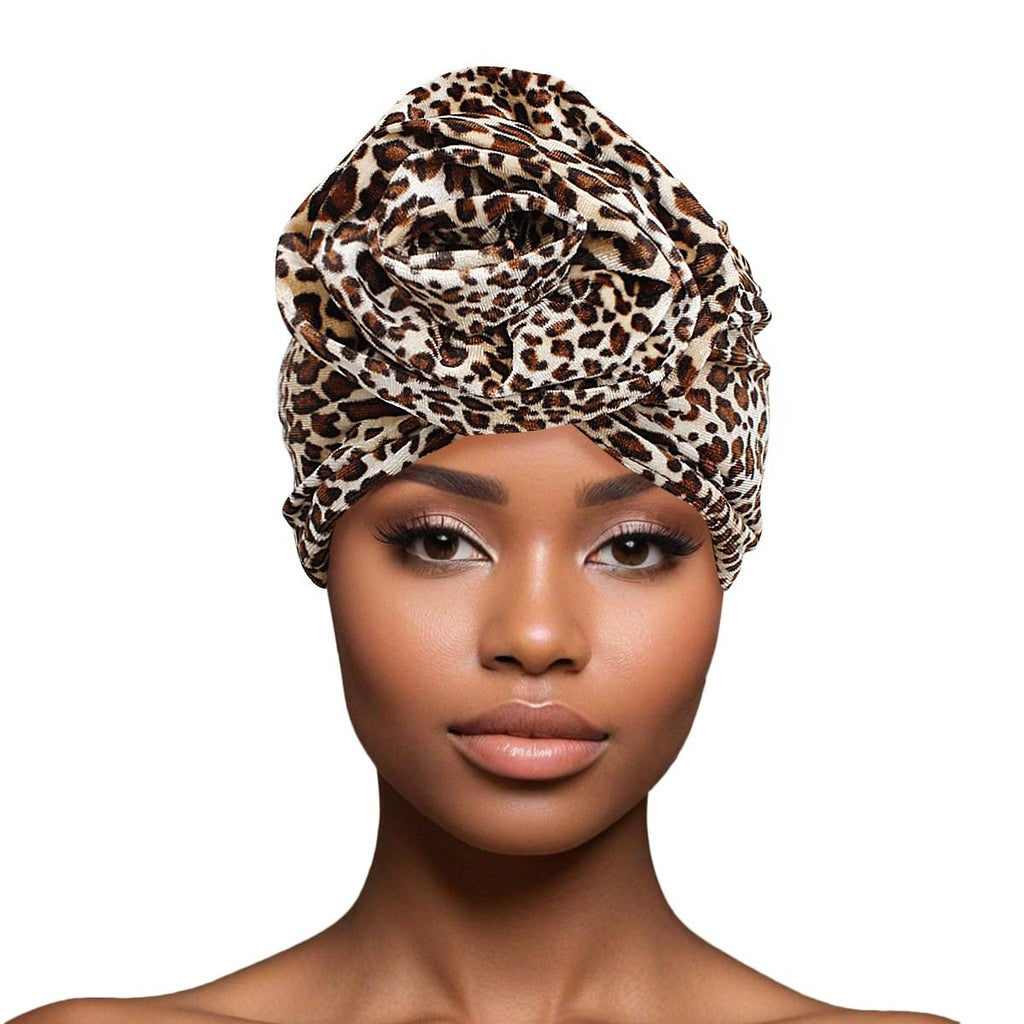 Turban Pre-Tied Flower Velvet Cheetah Print Women