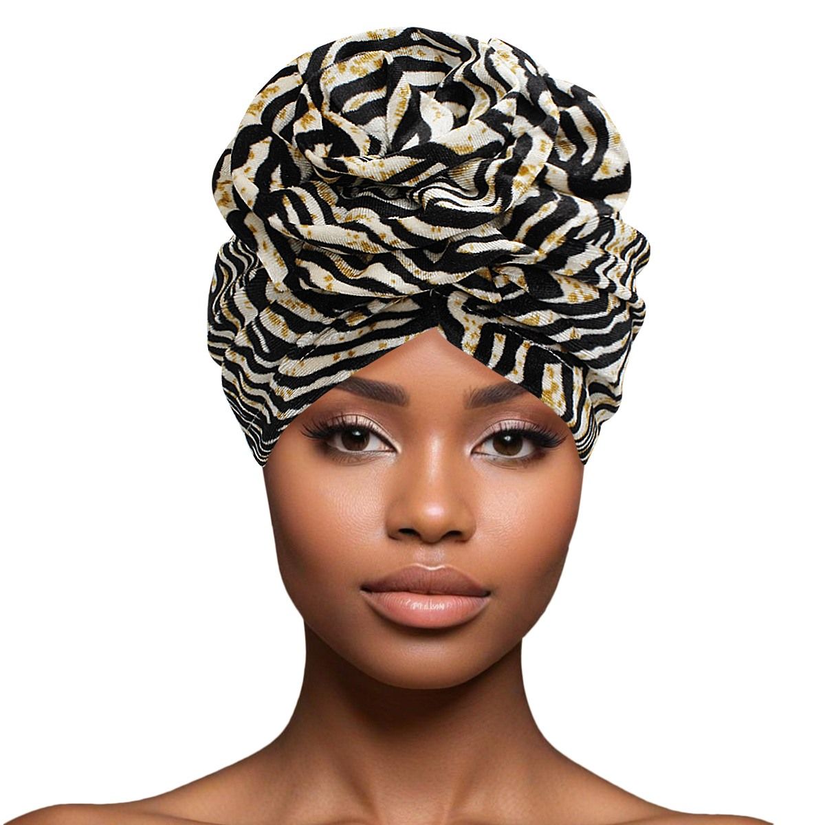 Turban Pre-Tied Flower Velvet Zebra Print Women